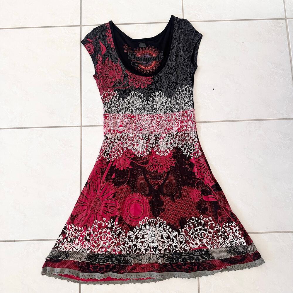 Desigual Black Red White Y2K Grunge Mandala Skater Skirt Dress Large